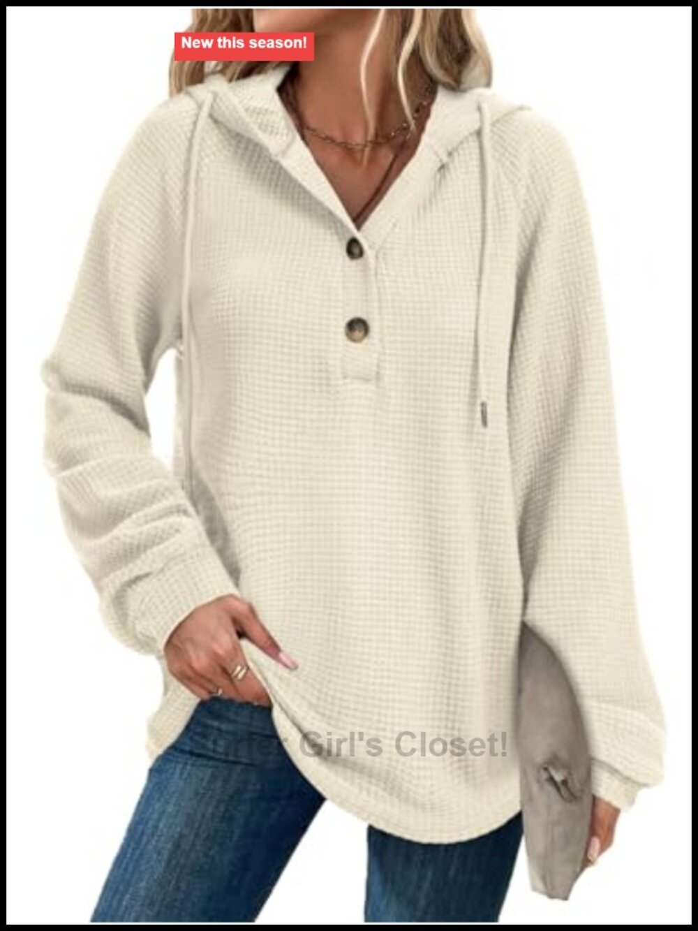 Waffle Knit Oversized Hoodie Sweatshirt Women Henley Pullover